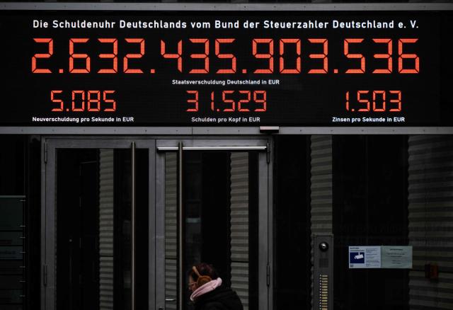 View of the German National Debt Clock (Schuldenuhr Deutschlands) operated by the German Association of Taxpayers (Bund der Steuerzahler Deutschland) which displays in real time the amount of the country's debt, in Berlin on December 26, 2025. Germany loosened strict rules on public debt in 2025, enabling Chancellor Friedrich Merz's government to set aside hundreds of billions for military and infrastructure spending, with the overall debt-to-GDP ratio expected to hit 68 percent by 2028. (Photo by John MACDOUGALL / AFP)