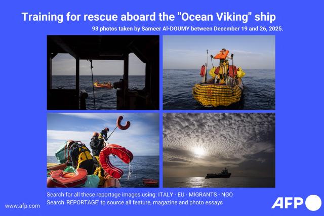 AFP presents a reportage of 93 pictures taken by photographer Sameer Al-Doumy between December 19 and 26, 2025 of crew members of the "Ocean Viking" rescue ship, operated by the French NGO SOS Mediterranee, taking part in a team exercise to prepare for a rescue situation in international waters off the coast of Libya, from Augusta, Sicily, southern Italy. Migrants rescue ship "Ocean Viking" is preparing to return to operations following the attack it suffered on August 24, 2025 when Libyan Coast Guard forces fired directly on the rescue vessel operated by the NGO SOS Mediterranee.

Search for all these reportage images using: ITALY-EU-MIGRANTS-NGO

Search 'REPORTAGE' to source all feature, magazine and photo essays. (Photo by Sameer Al-DOUMY / AFP)