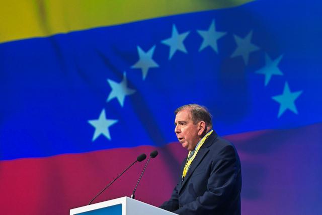 (FILES) Venezuelan opposition leader Edmundo Gonzalez Urrutia delivers a speech during the European People's Party (EPP) congress in Valencia, on April 30, 2025. Venezuela released 99 prisoners on Christmas, with the government calling it a goodwill gesture as it assesses arrests made after President Nicolas Maduro's reelection. (Photo by JOSE JORDAN / AFP)