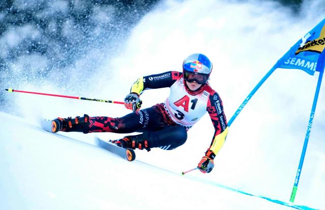 Albania's Lara Colturi competes during the women's giant slalom event of the FIS Alpine Ski World Cup in Semmering, Austria on December 27, 2025. (Photo by GEORG HOCHMUTH / APA / AFP) / Austria OUT