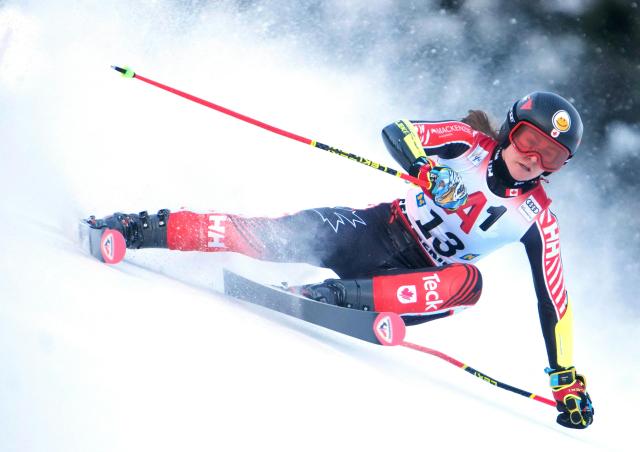 Canada's Valerie Grenier competes during the women's giant slalom event of the FIS Alpine Ski World Cup in Semmering, Austria on December 27, 2025. (Photo by GEORG HOCHMUTH / APA / AFP) / Austria OUT