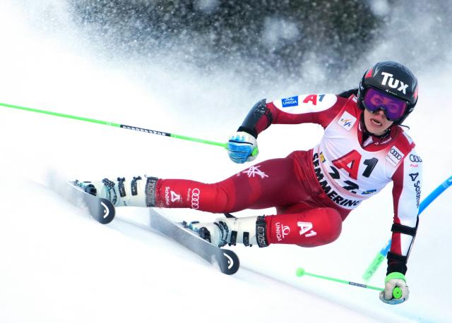 Austria's Stephanie Brunner competes during the women's giant slalom event of the FIS Alpine Ski World Cup in Semmering, Austria on December 27, 2025. (Photo by GEORG HOCHMUTH / APA / AFP) / Austria OUT