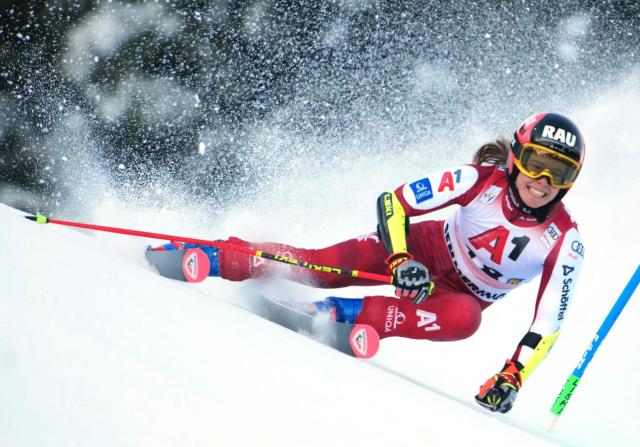 Austria's Katharina Liensberger competes during the women's giant slalom event of the FIS Alpine Ski World Cup in Semmering, Austria on December 27, 2025. (Photo by GEORG HOCHMUTH / APA / AFP) / Austria OUT