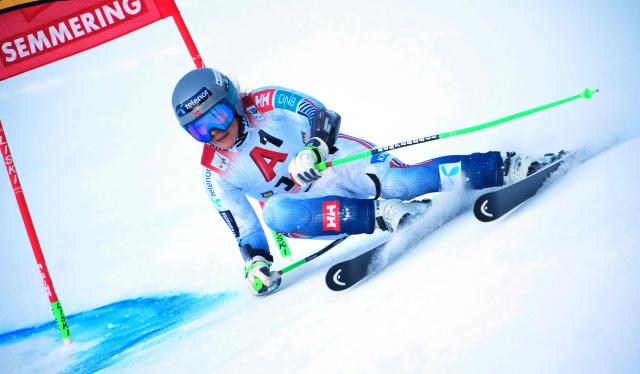 Norway's Kajsa Vickhoff Lie competes during the women's giant slalom event of the FIS Alpine Ski World Cup in Semmering, Austria on December 27, 2025. (Photo by GEORG HOCHMUTH / APA / AFP) / Austria OUT