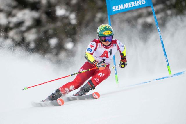 Austria's Julia Scheib competes during the women's giant slalom event of the FIS Alpine Ski World Cup in Semmering, Austria on December 27, 2025. (Photo by GEORG HOCHMUTH / APA / AFP) / Austria OUT