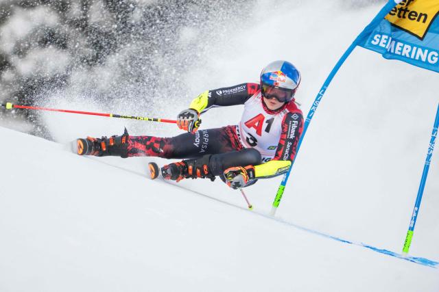 Albania's Lara Colturi competes during the women's giant slalom event of the FIS Alpine Ski World Cup in Semmering, Austria on December 27, 2025. (Photo by GEORG HOCHMUTH / APA / AFP) / Austria OUT