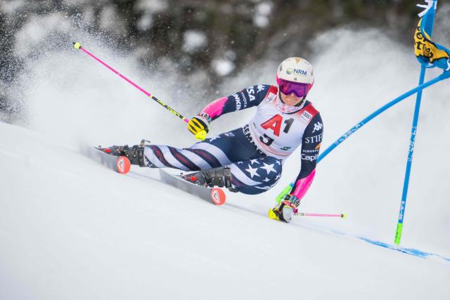 US' Paula Moltzan competes during the women's giant slalom event of the FIS Alpine Ski World Cup in Semmering, Austria on December 27, 2025. (Photo by GEORG HOCHMUTH / APA / AFP) / Austria OUT