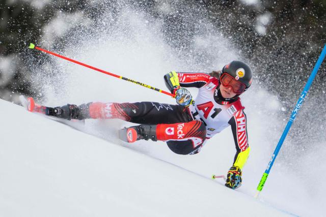 Canada's Valerie Grenier competes during the women's giant slalom event of the FIS Alpine Ski World Cup in Semmering, Austria on December 27, 2025. (Photo by GEORG HOCHMUTH / APA / AFP) / Austria OUT