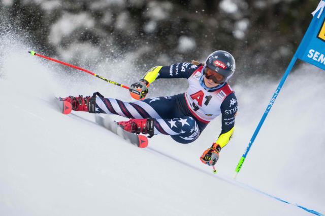 US' Mikaela Shiffrin competes during the women's giant slalom event of the FIS Alpine Ski World Cup in Semmering, Austria on December 27, 2025. (Photo by GEORG HOCHMUTH / APA / AFP) / Austria OUT