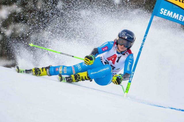 Italy's Lara Della Mea competes during the women's giant slalom event of the FIS Alpine Ski World Cup in Semmering, Austria on December 27, 2025. (Photo by GEORG HOCHMUTH / APA / AFP) / Austria OUT