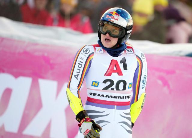 Germany's Emma Aicher reacts after competing during the women's giant slalom event of the FIS Alpine Ski World Cup in Semmering, Austria on December 27, 2025. (Photo by GEORG HOCHMUTH / APA / AFP) / Austria OUT