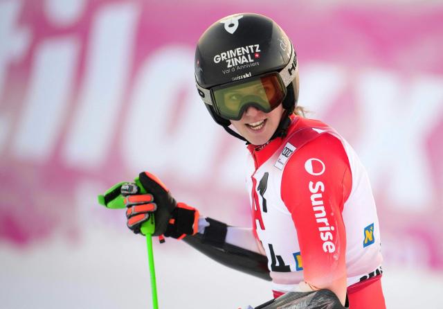 Switzerland's Camille Rast reacts after competing during the women's giant slalom event of the FIS Alpine Ski World Cup in Semmering, Austria on December 27, 2025. (Photo by GEORG HOCHMUTH / APA / AFP) / Austria OUT