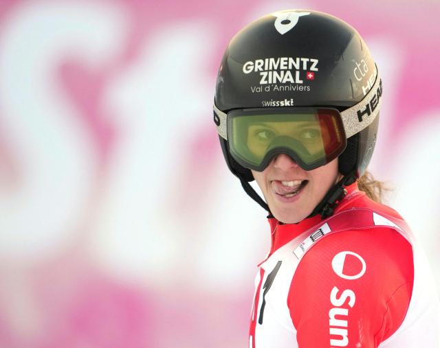 Switzerland's Camille Rast reacts after competing during the women's giant slalom event of the FIS Alpine Ski World Cup in Semmering, Austria on December 27, 2025. (Photo by GEORG HOCHMUTH / APA / AFP) / Austria OUT