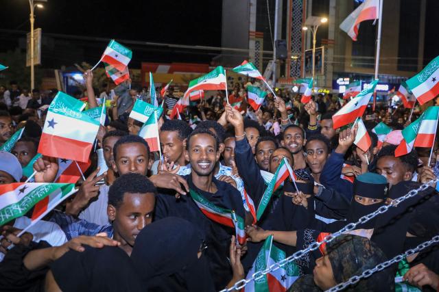 Residents wave Somaliland flags as they gather to celebrate Israel’s announcement recognising Somaliland’s statehood in downtown Hargeisa, on December 26, 2025. Somaliland's president on December 26, 2025 welcomed Israel's announcement that it was recognising its statehood and said the decision marked the beginning of a "strategic partnership".
Israeli Prime Minister Benjamin Netanyahu's office said earlier that the country formally recognised Somaliland, which declared independence from Somalia in 1991, as an "independent and sovereign state". (Photo by Farhan Aleli / AFP)