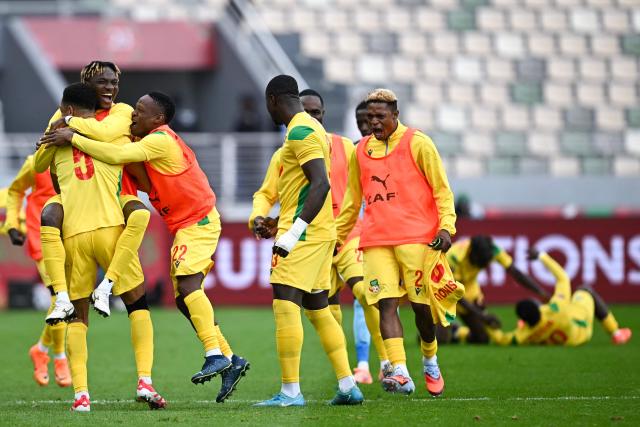 Benin's celebrate after the Africa Cup of Nations (CAN) Group D football match between Benin and Botswana at Rabat Olympic Stadium in Rabat on December 27, 2025. (Photo by Paul ELLIS / AFP)