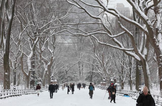 People walk in the snow in Central Park in New York City on December 27, 2025. New York City receieved around 4 inches (10 centimeters) of snow overnight. Airlines canceled 1,500 US flights during the peak holiday travel period Friday, with severe winter storm warnings and heavy snow forecast across parts of the Midwest and northeast. (Photo by TIMOTHY A. CLARY / AFP)