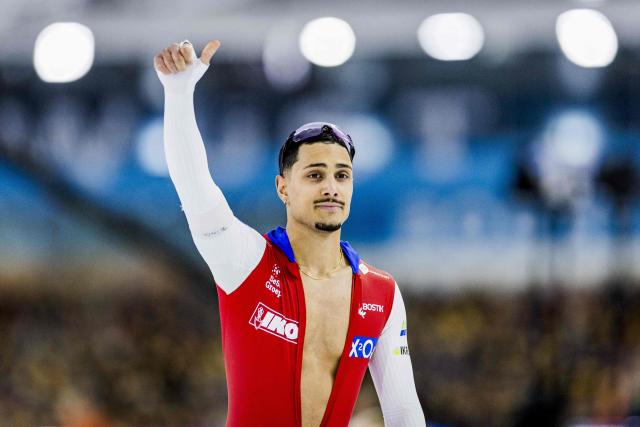 Dutch skater Sebas Deniz reacts after competing in the men's 500m on the second day of the speed skating long track Olympic qualifying tournament in Thialf, on December 27, 2025. (Photo by Robin VAN LONKHUIJSEN / ANP / AFP) / Netherlands OUT