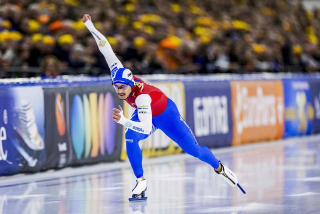 Dutch skater Sebas Deniz competes in the men's 500m on the second day of the speed skating long track Olympic qualifying tournament in Thialf, on December 27, 2025. (Photo by Robin VAN LONKHUIJSEN / ANP / AFP) / Netherlands OUT