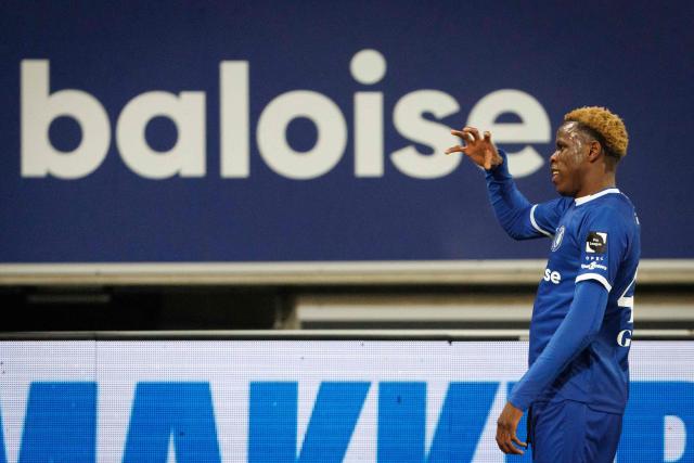 KAA Gent's Ivorian forward #45 Hyllarion Goore celebrates after scoring Gent's first goal during the Belgian "Pro League" First Division football match between KAA Gent and KVC Westerlo at the Ghelamco Arena in Ghent on December 27, 2025. (Photo by KURT DESPLENTER / Belga / AFP) / Belgium OUT