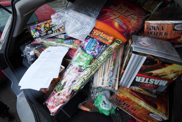 (FILES) Seized fireworks are pictured in a car at the border between France and Germany one day ahead of the New Year's eve, as German legislation on firecrackers and fireworks is less restrictive than French, in Strasbourg on December 30, 2017. Police have been raising awareness of the dangers of firecrackers and fireworks among young people in the Bas-Rhin in view of New Year's Eve, when firecrackers and rockets will explode and whistle in the city and in the countryside where they are a landmark tradition. (Photo by FREDERICK FLORIN / AFP)
