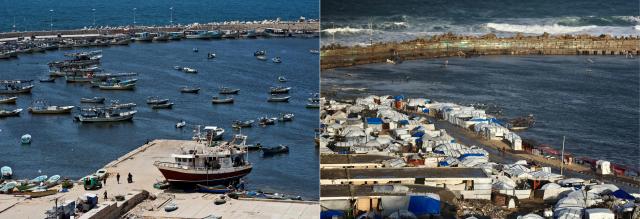 (COMBO) This combination of pictures created on December 28, 2025, shows a file image (L) of the fishing boats moored at Gaza City's harbour on August 18, 2014, and the tents sheltering displaced Palestinians set up on the harbour docks in Gaza City, an December 28, 2025. The majority of Gaza's 2.4 million people have been displaced, often multiple times, by the war that began with Hamas's attack on southern Israel on October 7, 2023. With displaced families living in tented camps, a serious concerns has been raised over their living conditions during the winter months. (Photo by Roberto SCHMIDT and Omar AL-QATTAA / AFP)