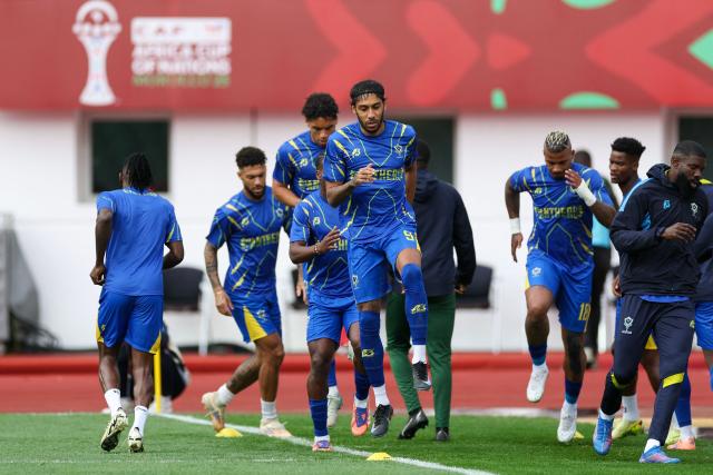 Gabon's forward #09 Pierre-Emerick Aubameyang warms up prior the Africa Cup of Nations (CAN) Group F football match between Gabon and Mozambique at Grand Stadium in Agadir on December 28, 2025. (Photo by FRANCK FIFE / AFP)