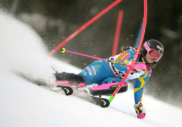 Sweden's Cornelia Oehlund competes in the first run of the Women's Slalom race of the FIS Alpine Ski World Cup in Semmering, Austria on December 28, 2025. (Photo by GEORG HOCHMUTH / APA / AFP) / Austria OUT