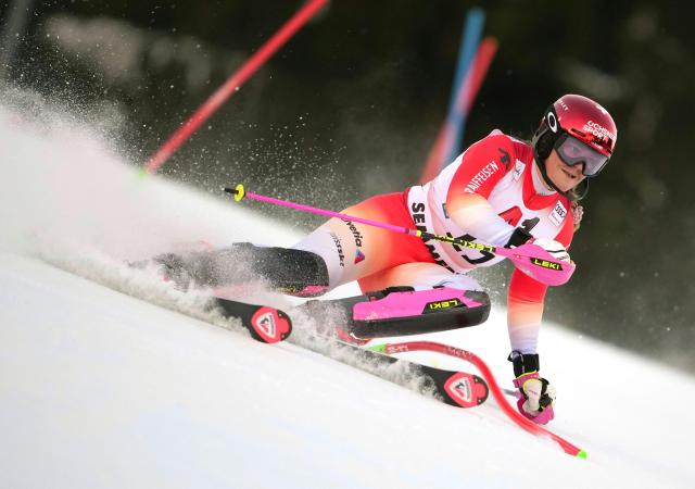Switzerland's Melanie Meillard competes in the first run of the Women's Slalom race of the FIS Alpine Ski World Cup in Semmering, Austria on December 28, 2025. (Photo by GEORG HOCHMUTH / APA / AFP) / Austria OUT