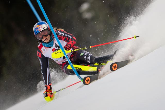 Albania's Lara Colturi competes during the first run of the women's slalom event of the FIS Alpine Ski World Cup in Semmering, Austria on December 28, 2025. (Photo by GEORG HOCHMUTH / APA / AFP) / Austria OUT