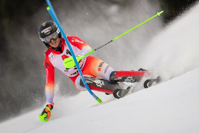 Switzerland's Camille Rast competes in the first run of the Women's Slalom race of the FIS Alpine Ski World Cup in Semmering, Austria on December 28, 2025. (Photo by GEORG HOCHMUTH / APA / AFP) / Austria OUT