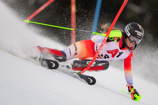 Switzerland's Camille Rast competes in the first run of the Women's Slalom race of the FIS Alpine Ski World Cup in Semmering, Austria on December 28, 2025. (Photo by GEORG HOCHMUTH / APA / AFP) / Austria OUT