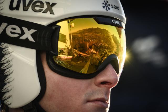 Slovenia's Domen Prevc is pictured during the training for the Men's Individual Large Hill HS137 event of the FIS Ski Jumping World Cup, the first leg of the Four Hills Tournament, in Oberstdorf, southern Germany on December 28, 2025. (Photo by Philipp Guelland / AFP)