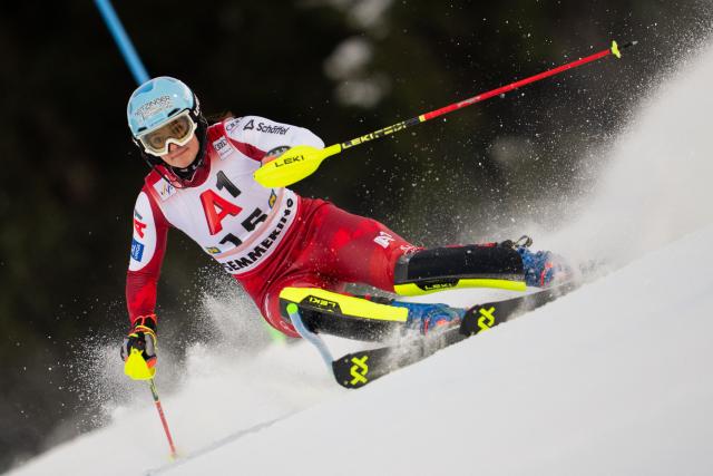 Austria's Katharina Huber competes in the first run of the Women's Slalom race of the FIS Alpine Ski World Cup in Semmering, Austria on December 28, 2025. (Photo by GEORG HOCHMUTH / APA / AFP) / Austria OUT