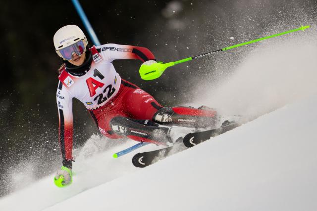 Latvia's Dzenifera Germane competes in the first run of the Women's Slalom race of the FIS Alpine Ski World Cup in Semmering, Austria on December 28, 2025. (Photo by GEORG HOCHMUTH / APA / AFP) / Austria OUT