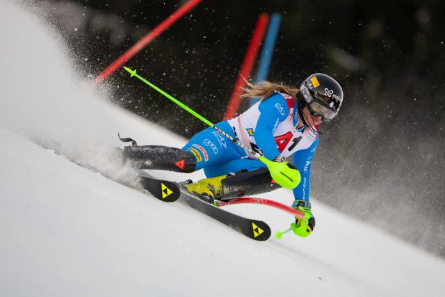 Italy's Lara Della Mea competes in the first run of the Women's Slalom race of the FIS Alpine Ski World Cup in Semmering, Austria on December 28, 2025. (Photo by GEORG HOCHMUTH / APA / AFP) / Austria OUT