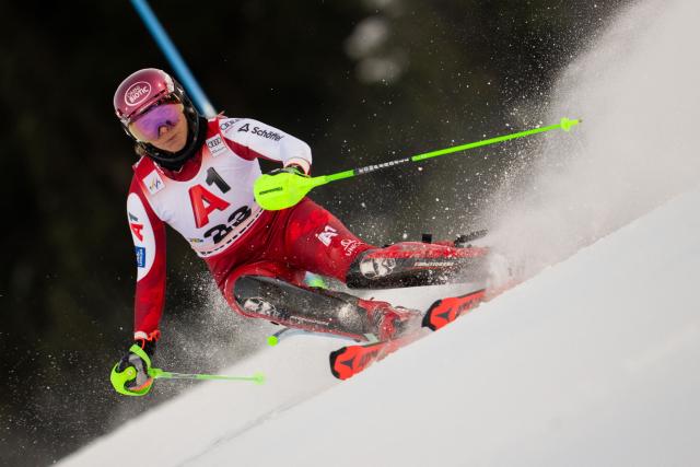 Austria's Katharina Gallhuber competes in the first run of the Women's Slalom race of the FIS Alpine Ski World Cup in Semmering, Austria on December 28, 2025. (Photo by GEORG HOCHMUTH / APA / AFP) / Austria OUT