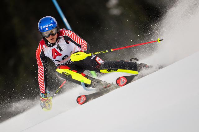 Canada's Laurence St-Germain competes in the first run of the Women's Slalom race of the FIS Alpine Ski World Cup in Semmering, Austria on December 28, 2025. (Photo by GEORG HOCHMUTH / APA / AFP) / Austria OUT