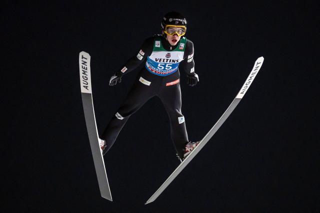 France's Valentin Foubert competes during the qualifying for the Men's Individual Large Hill HS137 event of the FIS Ski Jumping World Cup, the first leg of the Four Hills Tournament, in Oberstdorf, southern Germany on December 28, 2025. (Photo by Philipp Guelland / AFP)