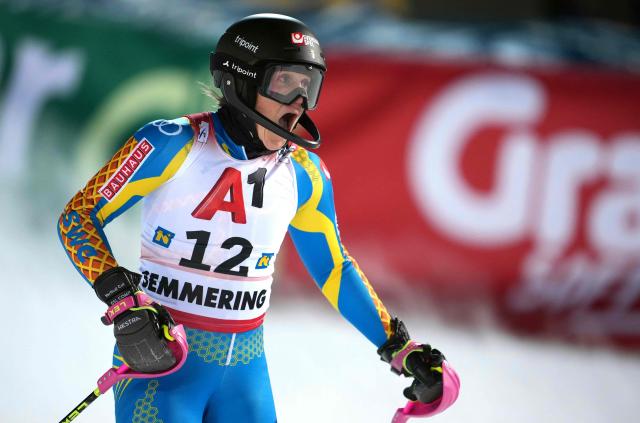 Sweden's Sara Hector reacts after competing in the second run of the Women's Slalom race of the FIS Alpine Ski World Cup in Semmering, Austria on December 28, 2025. (Photo by GEORG HOCHMUTH / APA / AFP) / Austria OUT
