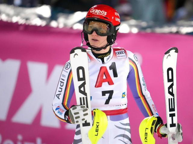 Germany's Lena Duerr reacts after competing in the second run of the Women's Slalom race of the FIS Alpine Ski World Cup in Semmering, Austria on December 28, 2025. (Photo by GEORG HOCHMUTH / APA / AFP) / Austria OUT