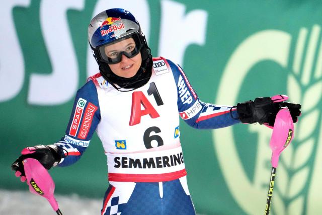 Croatia's Zrinka Ljutic reacts after competing in the second run of the Women's Slalom race of the FIS Alpine Ski World Cup in Semmering, Austria on December 28, 2025. (Photo by GEORG HOCHMUTH / APA / AFP) / Austria OUT