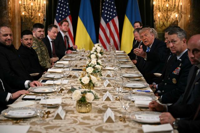 US President Donald Trump meets with Ukranian President Volodymyr Zelensky at his Mar-a-Lago residence in Palm Beach, Florida, on December 28, 2025. (Photo by Jim WATSON / AFP)