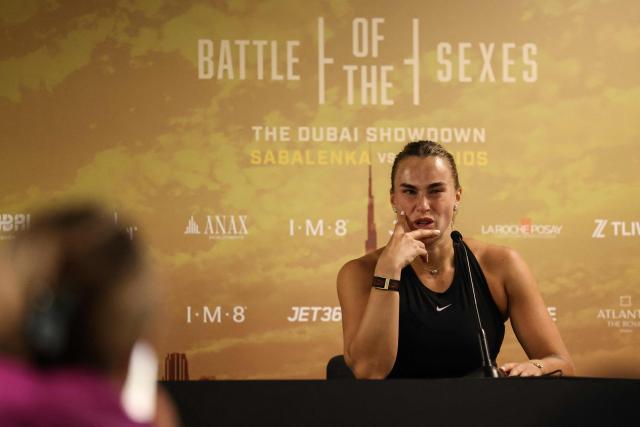 Belarus' Aryna Sabalenka speaks during a news conference after her Battle of the Sexes exhibition tennis match against Australia's Nick Kyrgios in Dubai on December 28, 2025. (Photo by Amr Alfiky / POOL / AFP)