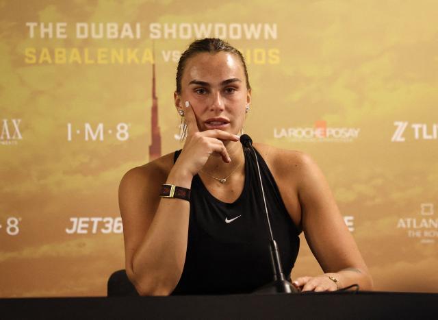 Belarus' Aryna Sabalenka speaks during a news conference after her Battle of the Sexes exhibition tennis match against Australia's Nick Kyrgios in Dubai on December 28, 2025. (Photo by Amr Alfiky / POOL / AFP)