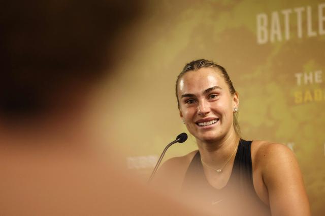 Belarus' Aryna Sabalenka speaks during a news conference after her Battle of the Sexes exhibition tennis match against Australia's Nick Kyrgios in Dubai on December 28, 2025. (Photo by Amr Alfiky / POOL / AFP)