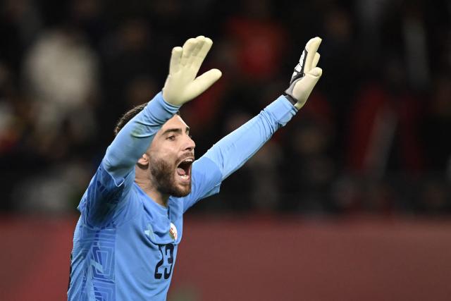Algeria's goalkeeper #23 Luca Zidane gestures during the Africa Cup of Nations (CAN) Group E football match between Algeria and Burkino Faso at Moulay Hassan Stadium in Rabat on December 28, 2025. (Photo by Paul ELLIS / AFP)