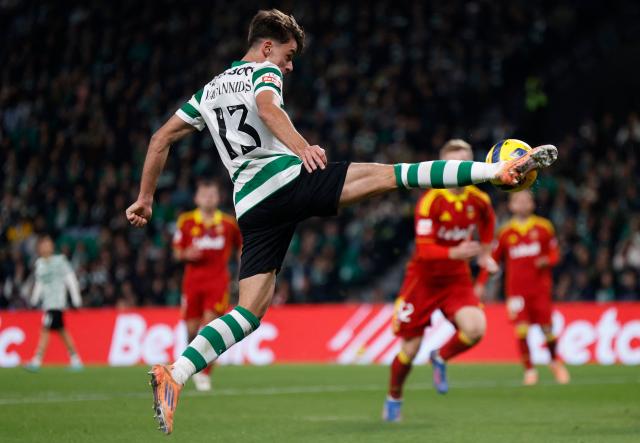 Sporting Lisbon's Greek defender #13 Georgios Vagiannidis kicks the ball during the Portuguese League football match between Sporting CP and Rio Ave FC at Jose Alvalade stadium in Lisbon on December 28, 2025. (Photo by FILIPE AMORIM / AFP)