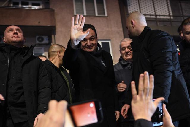 Kosovo’s acting Prime Minister and leader of the Vetevendosje Movement (LVV), Albin Kurti, celebrates election results with supporters in Pristina on December 28, 2025. Preliminary results in Kosovo's parliamentary elections on December 28, suggested that caretaker Prime Minister Albin Kurti's party was nearing 50 percent, potentially ending the country's long-running political deadlock. (Photo by Armend NIMANI / AFP)