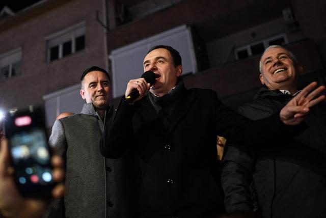 Kosovo’s acting Prime Minister and leader of the Vetevendosje Movement (LVV), Albin Kurti, celebrates election results with supporters in Pristina on December 28, 2025. Preliminary results in Kosovo's parliamentary elections on December 28, suggested that caretaker Prime Minister Albin Kurti's party was nearing 50 percent, potentially ending the country's long-running political deadlock. (Photo by Armend NIMANI / AFP)