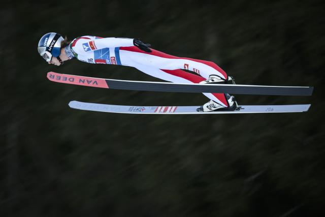 Austria's Daniel Tschofenig jumps during the trial round of the Men's Individual Large Hill HS137 event of the FIS Ski Jumping World Cup, the first leg of the Four Hills Tournament, in Oberstdorf, southern Germany on December 29, 2025. (Photo by Philipp Guelland / AFP)